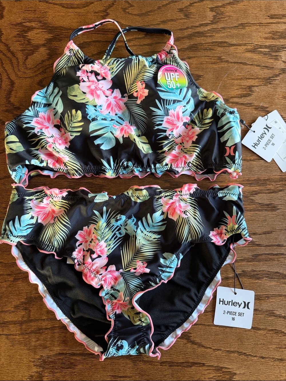 Hurley Black Floral Ruffle Two-Piece Bikini Set